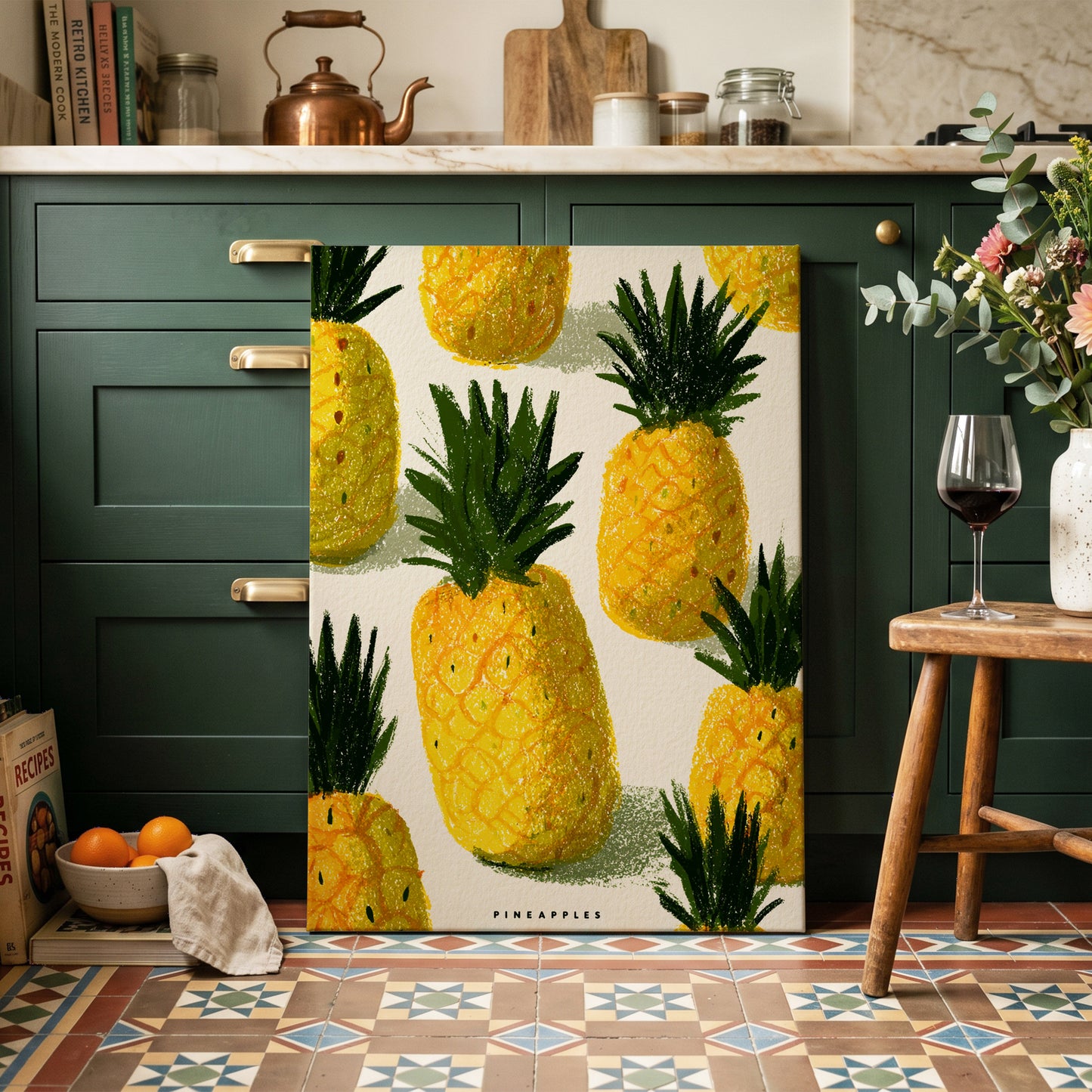 Golden Pineapple Parade, yellow, gold, green nature wall art on canvas displayed in a styled interior, gallery view 1