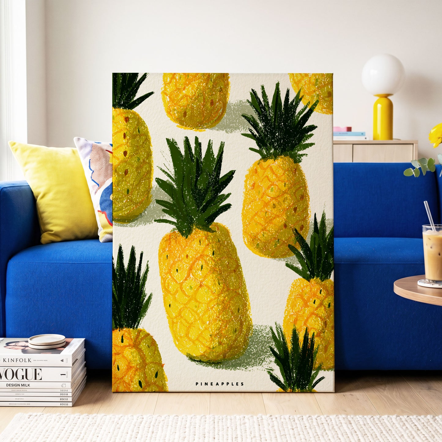 Golden Pineapple Parade, yellow, gold, green nature wall art on canvas displayed in a styled interior, gallery view 2