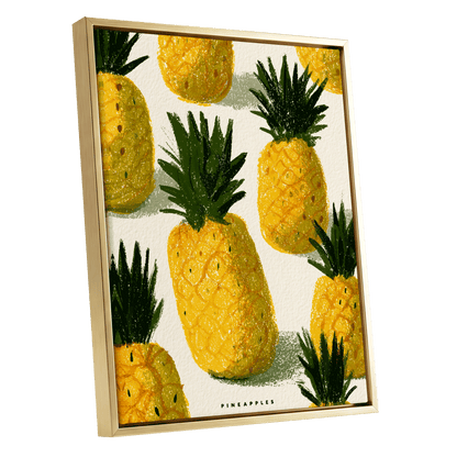 Golden Pineapple Parade, yellow, gold, green nature wall art shown as a gold framed canvas wall art