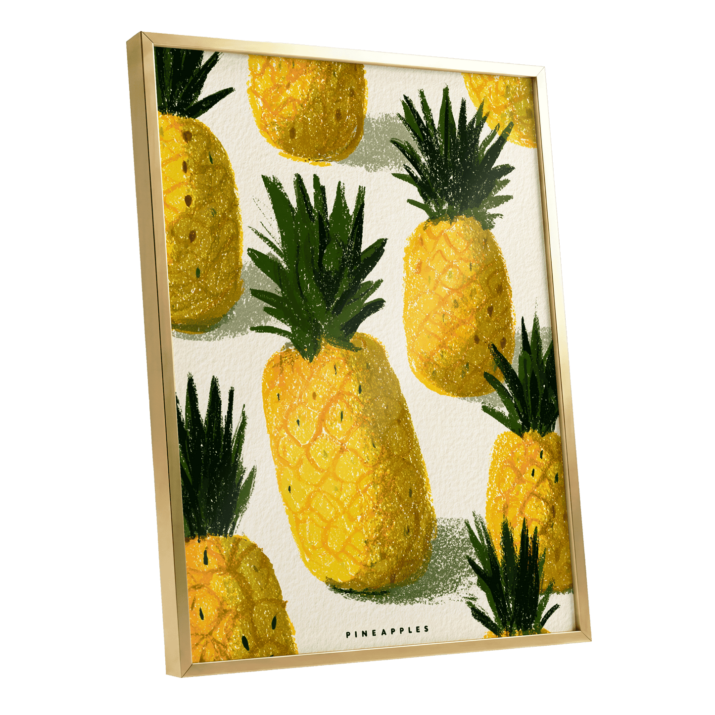 Golden Pineapple Parade, yellow, gold, green nature wall art shown as a gold framed poster wall art print