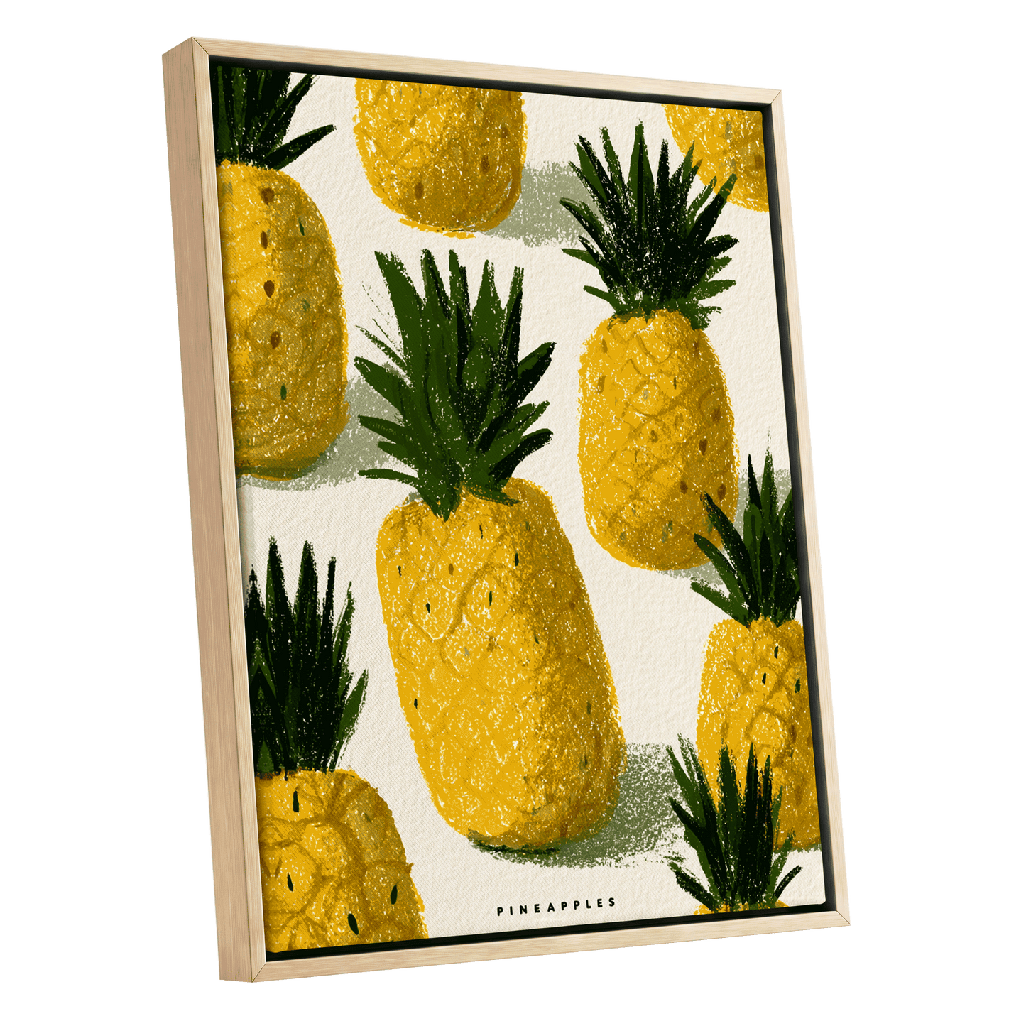 Golden Pineapple Parade, yellow, gold, green nature wall art shown as a oak framed canvas wall art