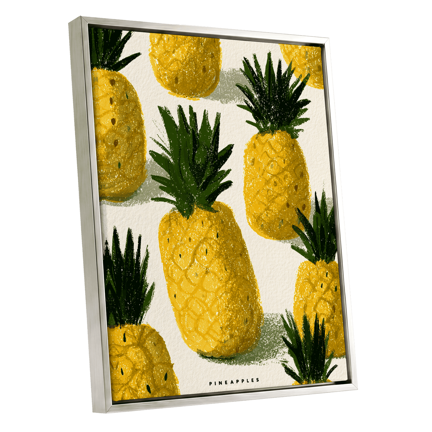 Golden Pineapple Parade, yellow, gold, green nature wall art shown as a silver framed canvas wall art