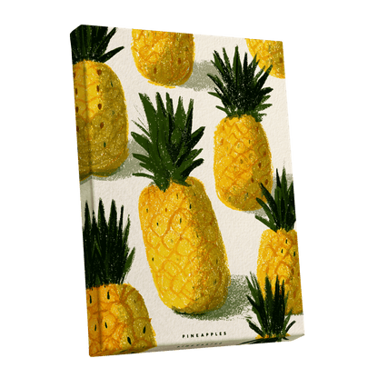 Golden Pineapple Parade, yellow, gold, green nature wall art shown as a stretched canvas wall art