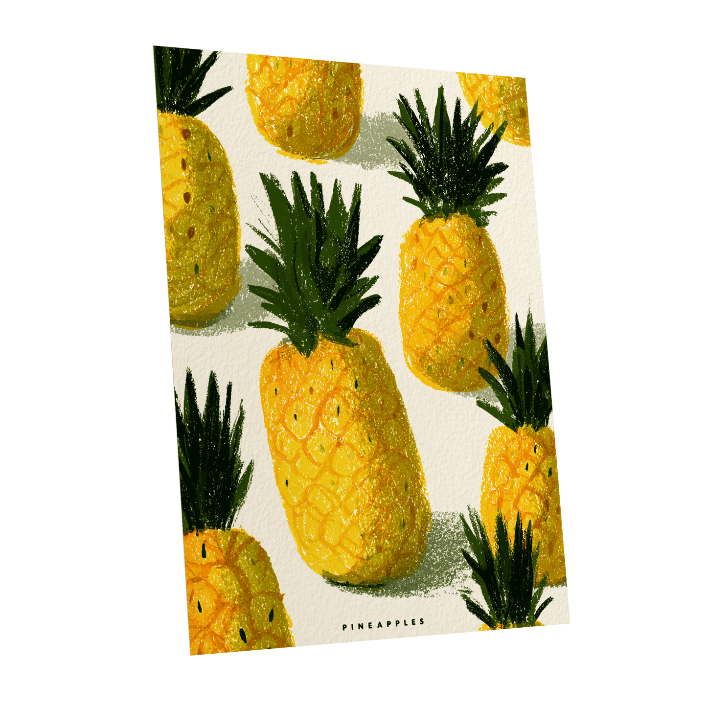 Golden Pineapple Parade, yellow, gold, green nature wall art shown as a unframed poster wall art print