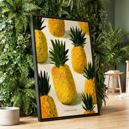 Golden Pineapple Parade, yellow, gold, green nature wall art displayed in a styled interior, gallery view 1