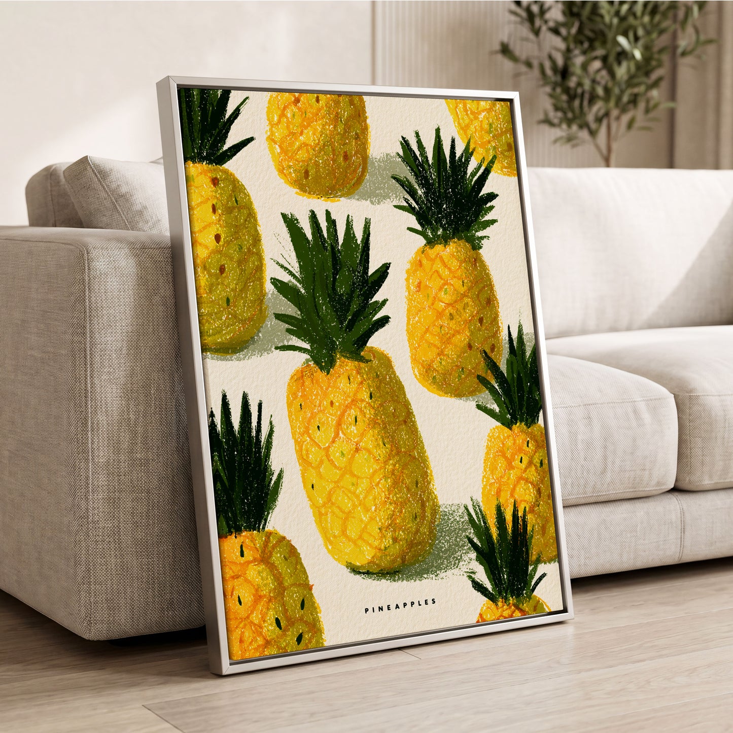Golden Pineapple Parade, yellow, gold, green nature wall art displayed in a styled interior, gallery view 2