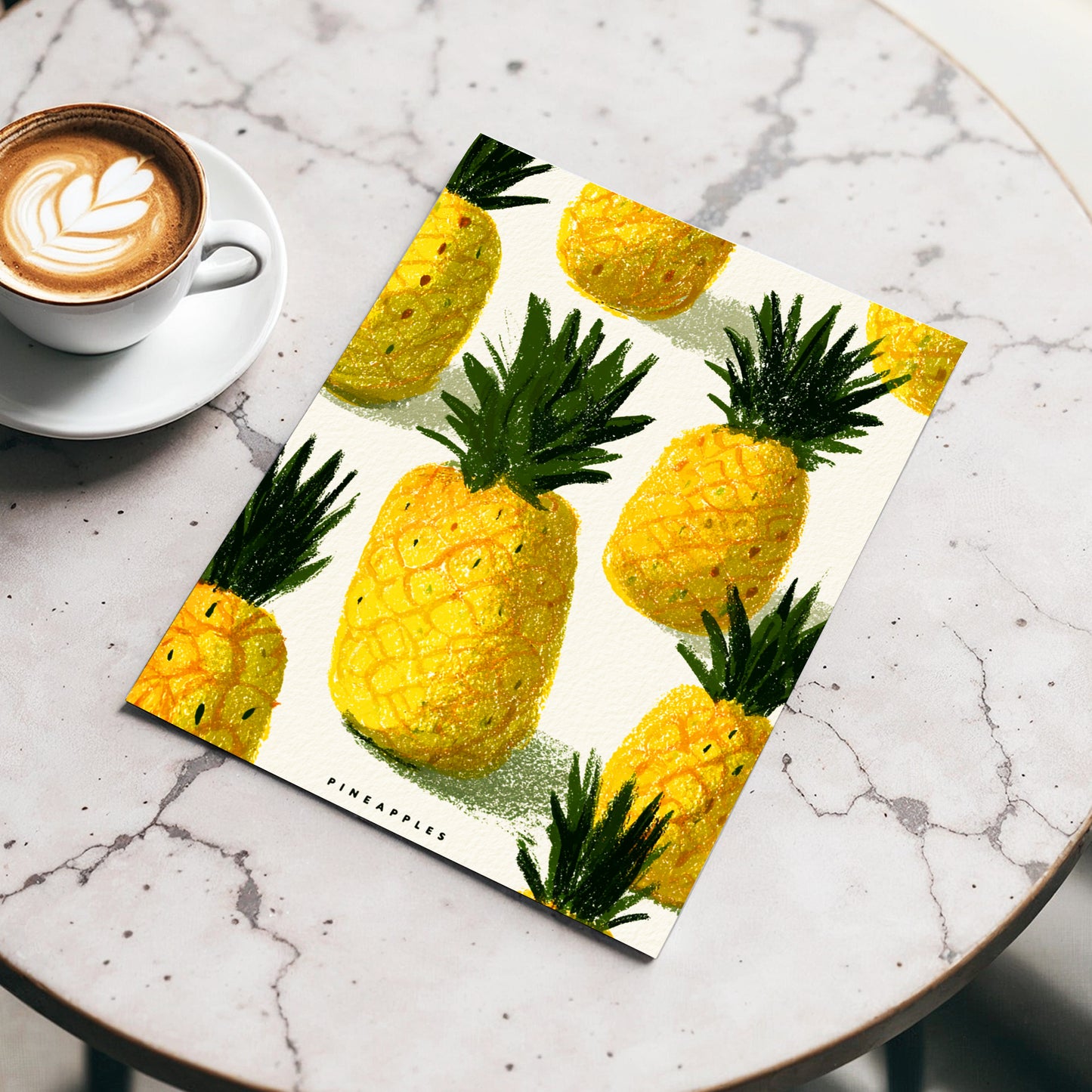 Golden Pineapple Parade, yellow, gold, green nature wall art displayed in a styled interior, gallery view 3