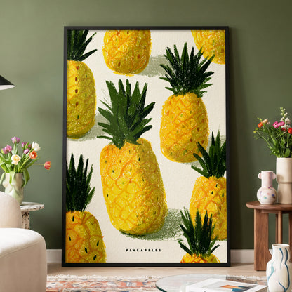 Golden Pineapple Parade, yellow, gold, green nature wall art displayed in a styled interior, gallery view 4