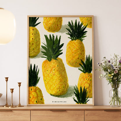 Golden Pineapple Parade, yellow, gold, green nature wall art displayed in a styled interior, gallery view 5