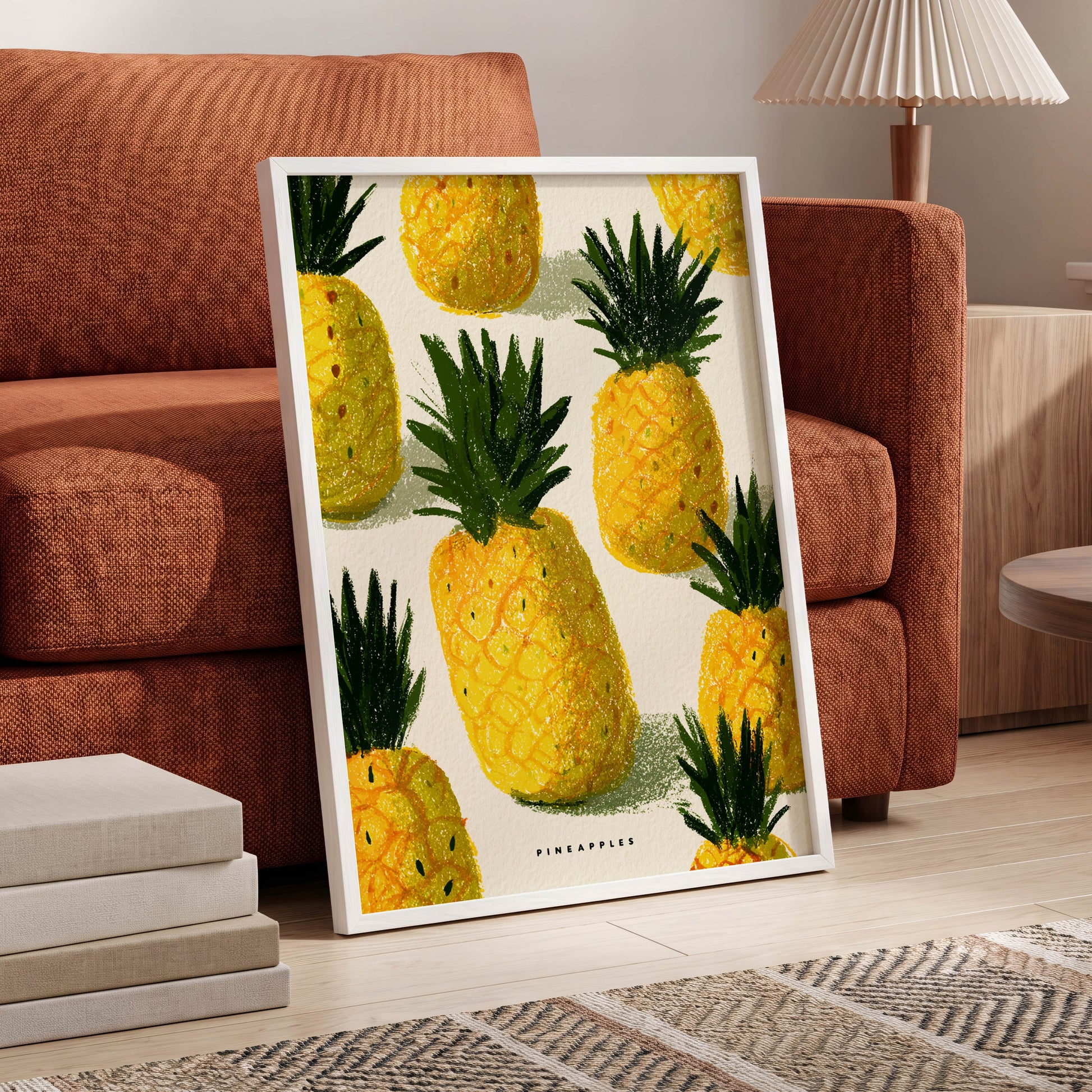 Golden Pineapple Parade, yellow, gold, green nature wall art displayed in a styled interior, gallery view 6