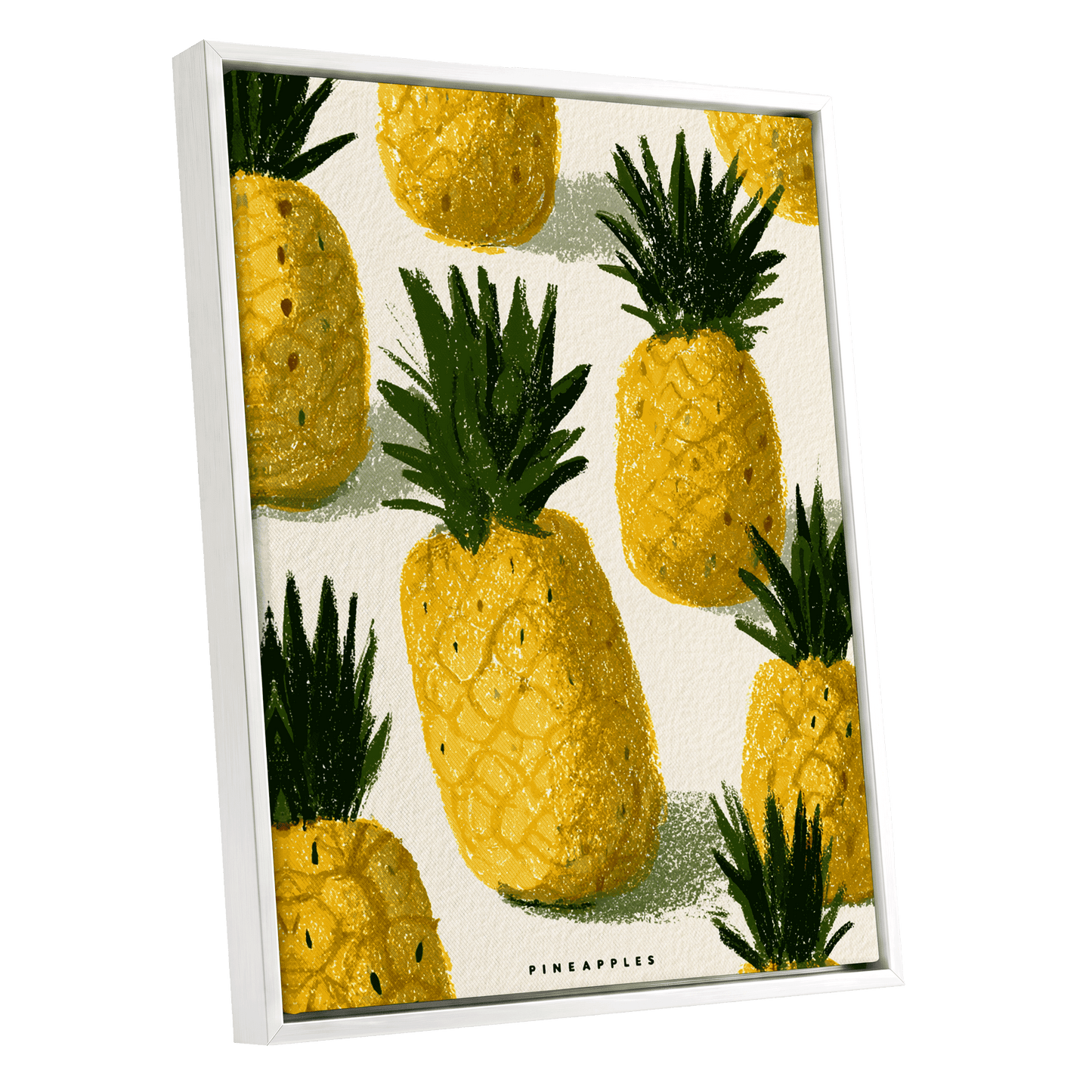 Golden Pineapple Parade, yellow, gold, green nature wall art shown as a white framed canvas wall art