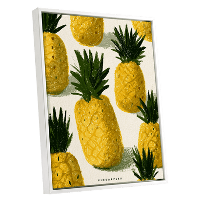 Golden Pineapple Parade, yellow, gold, green nature wall art shown as a white framed canvas wall art