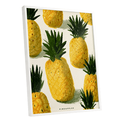 Golden Pineapple Parade, yellow, gold, green nature wall art shown as a white framed poster wall art print