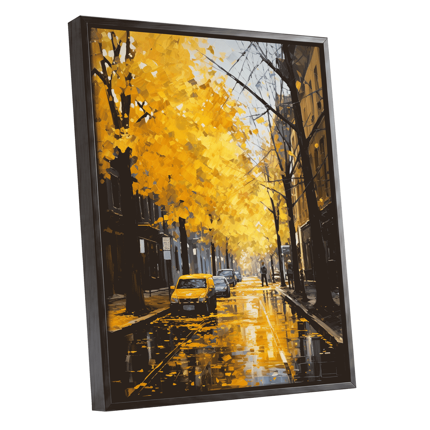 Golden Rain, Quiet Street, gold, black, brown nature wall art shown as a black framed canvas wall art