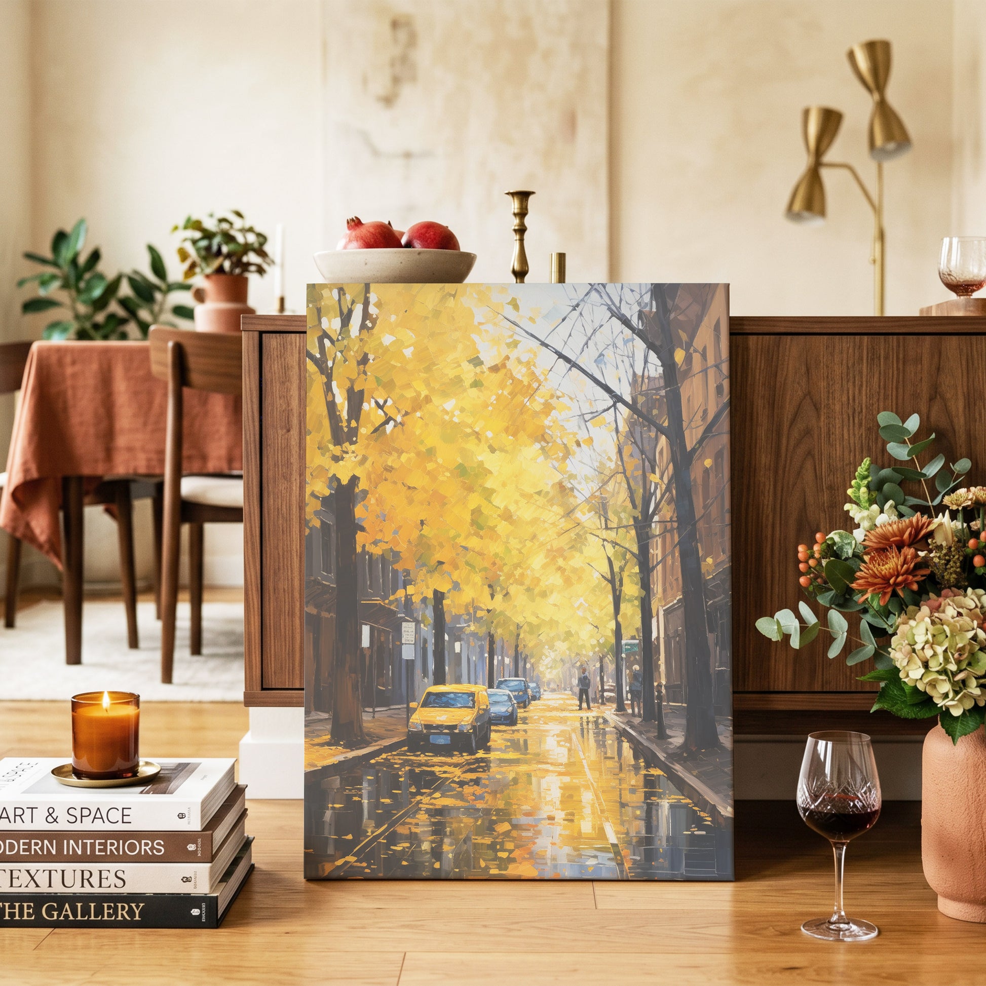 Golden Rain, Quiet Street, gold, black, brown nature wall art on canvas displayed in a styled interior, gallery view 1