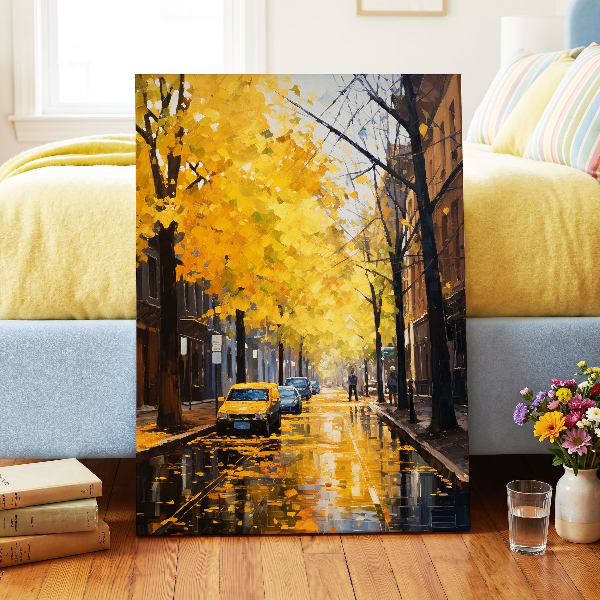 Golden Rain, Quiet Street, gold, black, brown nature wall art on canvas displayed in a styled interior, gallery view 2