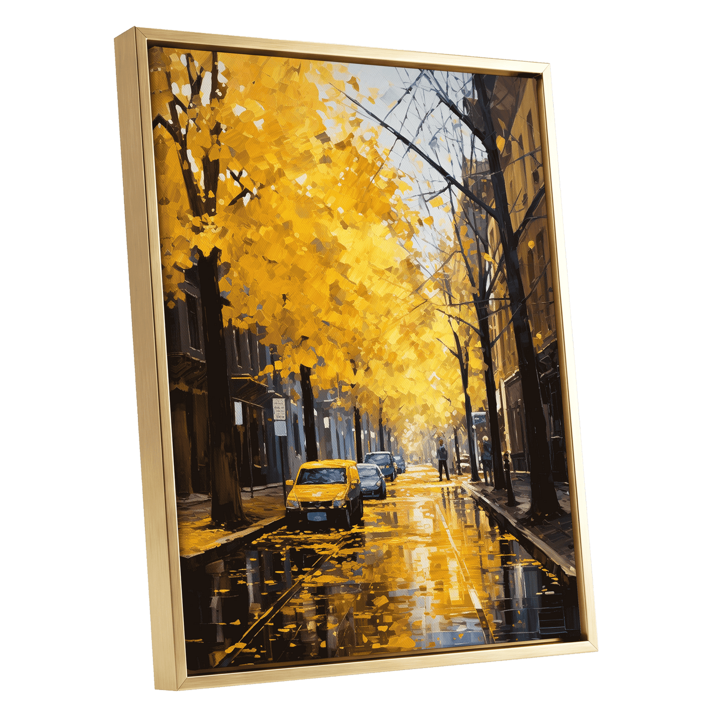 Golden Rain, Quiet Street, gold, black, brown nature wall art shown as a gold framed canvas wall art