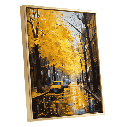 Golden Rain, Quiet Street, gold, black, brown nature wall art shown as a gold framed canvas wall art