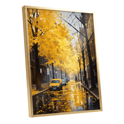 Golden Rain, Quiet Street, gold, black, brown nature wall art shown as a gold framed poster wall art print