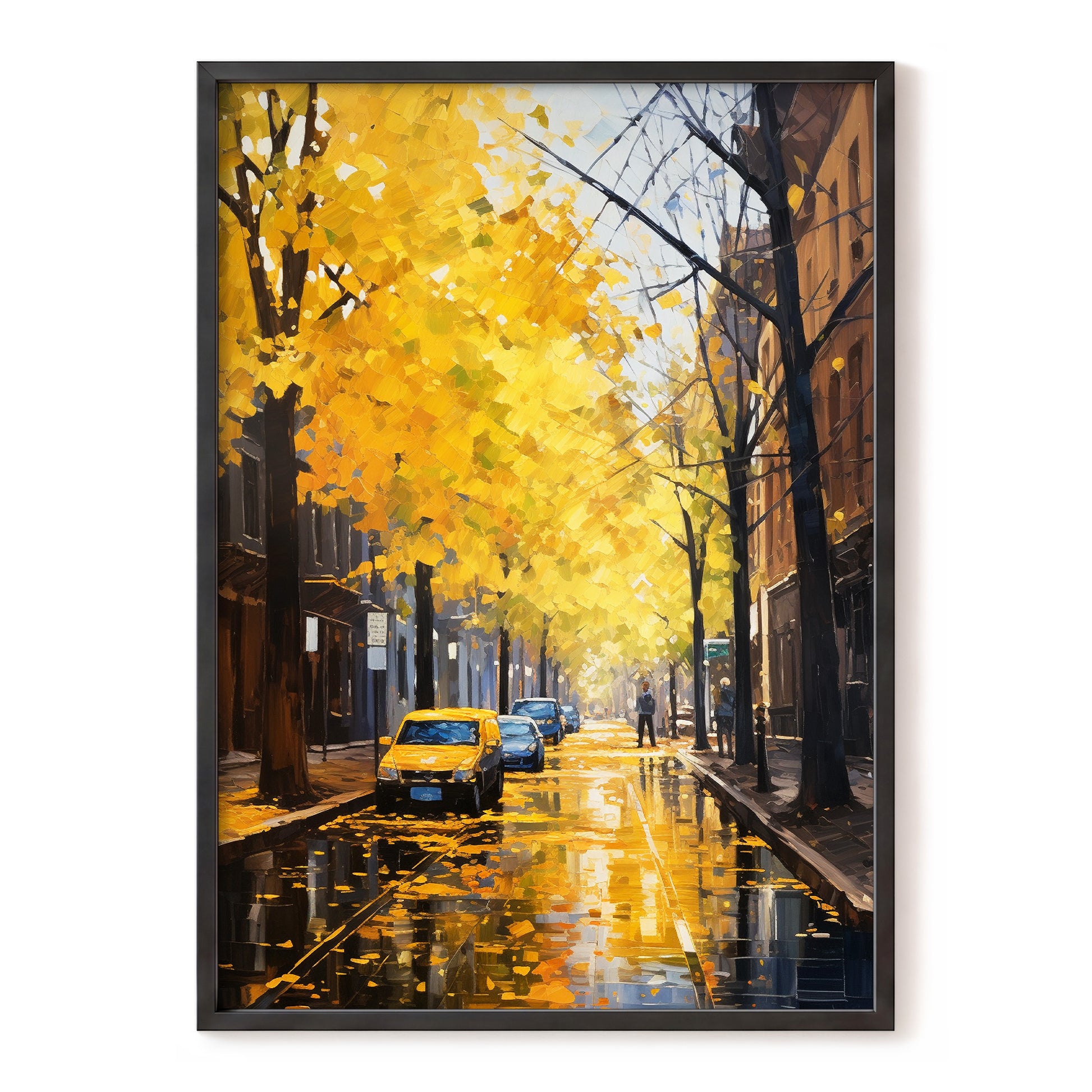 Golden Rain, Quiet Street, gold, black, brown nature wall art, front artwork view
