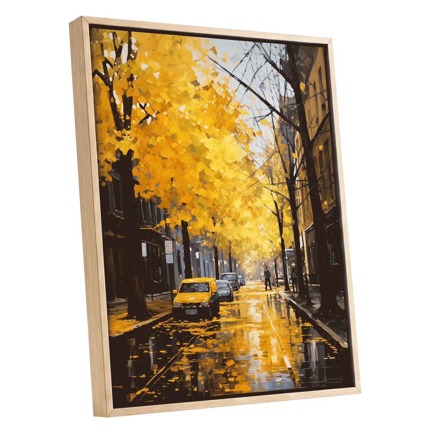 Golden Rain, Quiet Street, gold, black, brown nature wall art shown as a oak framed canvas wall art