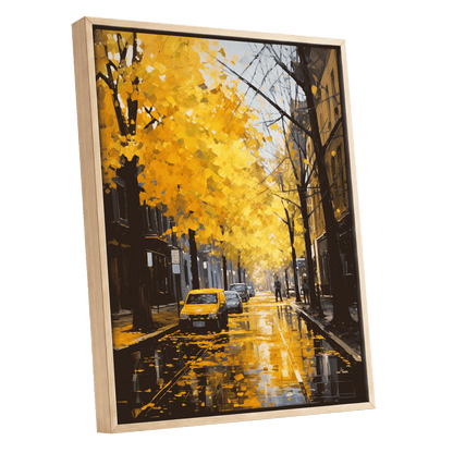 Golden Rain, Quiet Street, gold, black, brown nature wall art shown as a oak framed canvas wall art