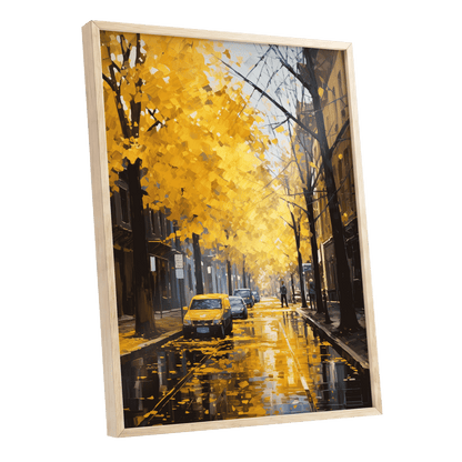Golden Rain, Quiet Street, gold, black, brown nature wall art shown as a oak framed poster wall art print