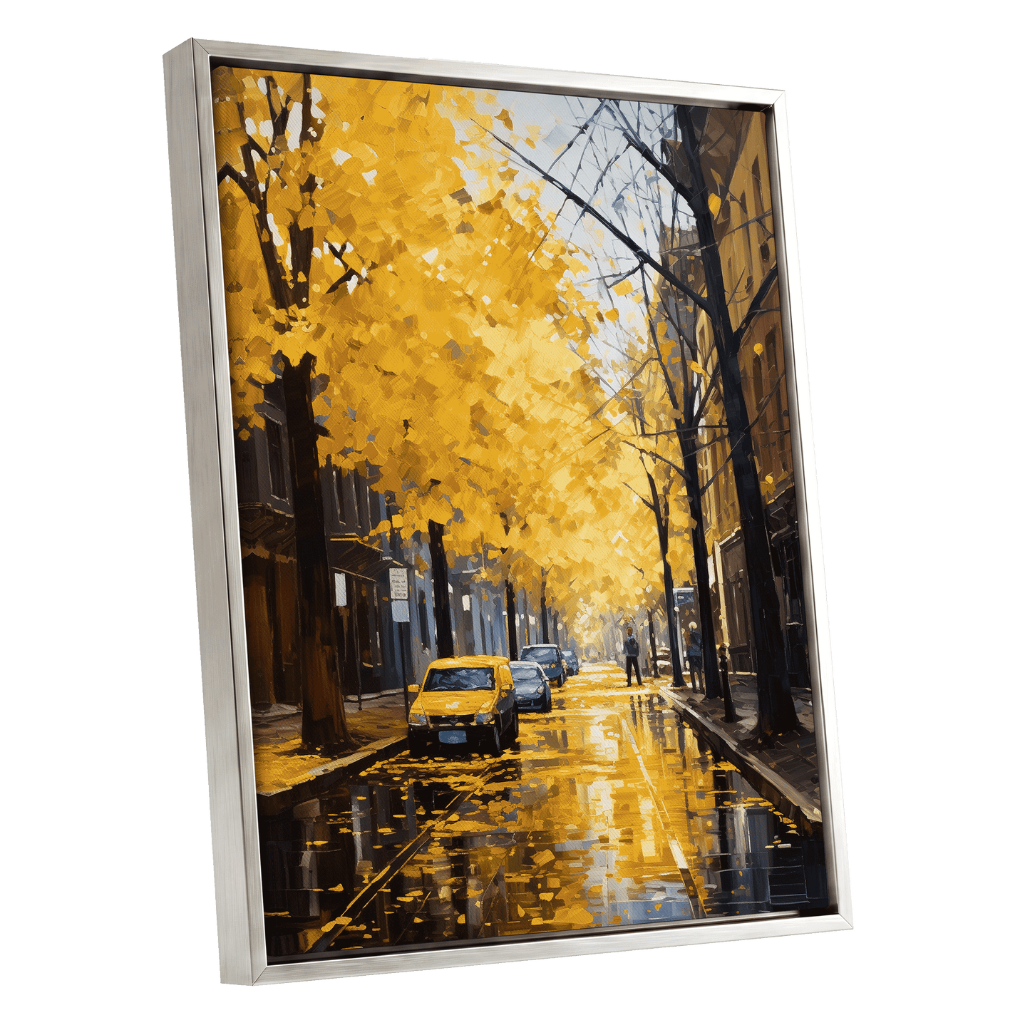 Golden Rain, Quiet Street, gold, black, brown nature wall art shown as a silver framed canvas wall art