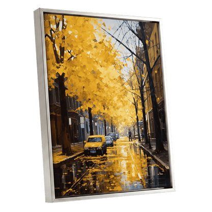 Golden Rain, Quiet Street, gold, black, brown nature wall art shown as a silver framed canvas wall art