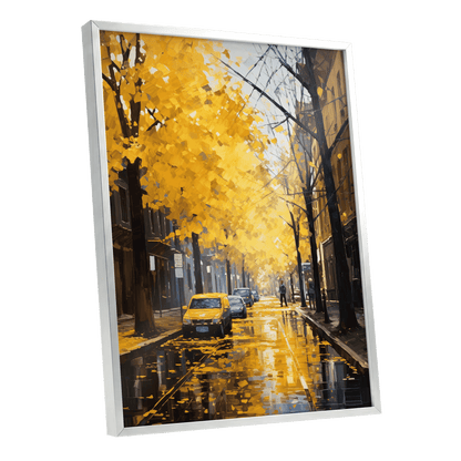Golden Rain, Quiet Street, gold, black, brown nature wall art shown as a silver framed poster wall art print
