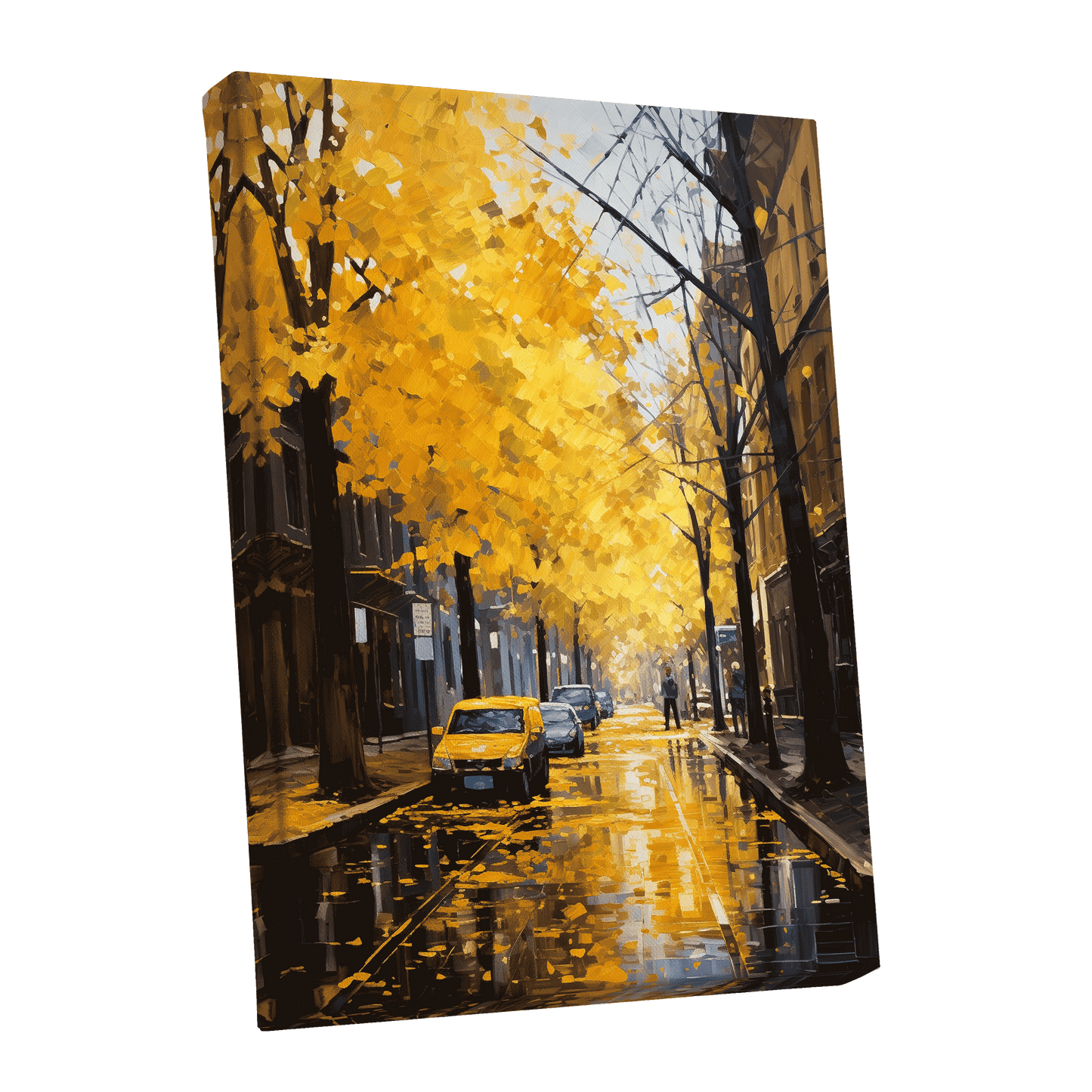 Golden Rain, Quiet Street, gold, black, brown nature wall art shown as a stretched canvas wall art