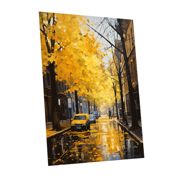 Golden Rain, Quiet Street, gold, black, brown nature wall art shown as a unframed poster wall art print
