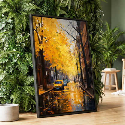 Golden Rain, Quiet Street, gold, black, brown nature wall art displayed in a styled interior, gallery view 1