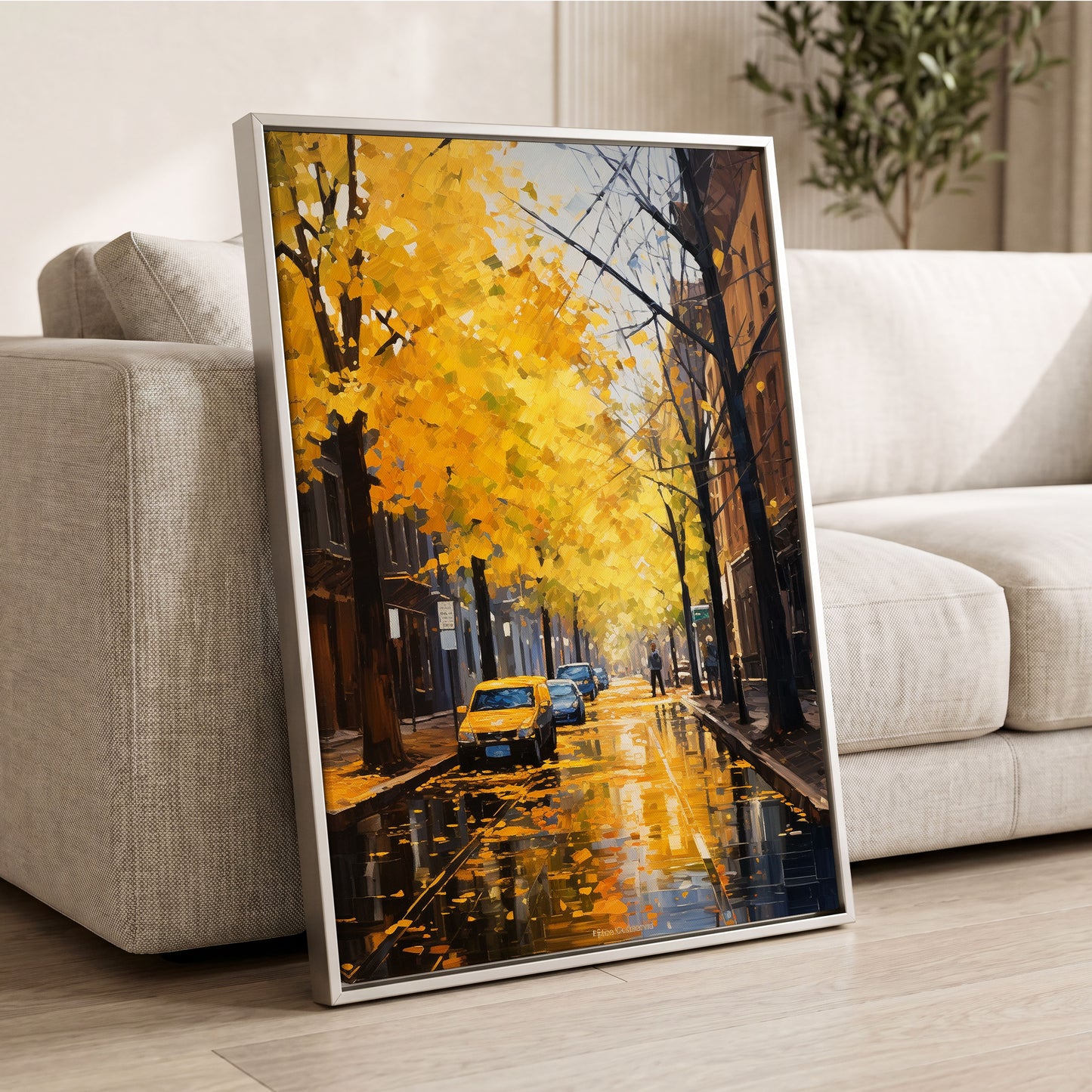 Golden Rain, Quiet Street, gold, black, brown nature wall art displayed in a styled interior, gallery view 2