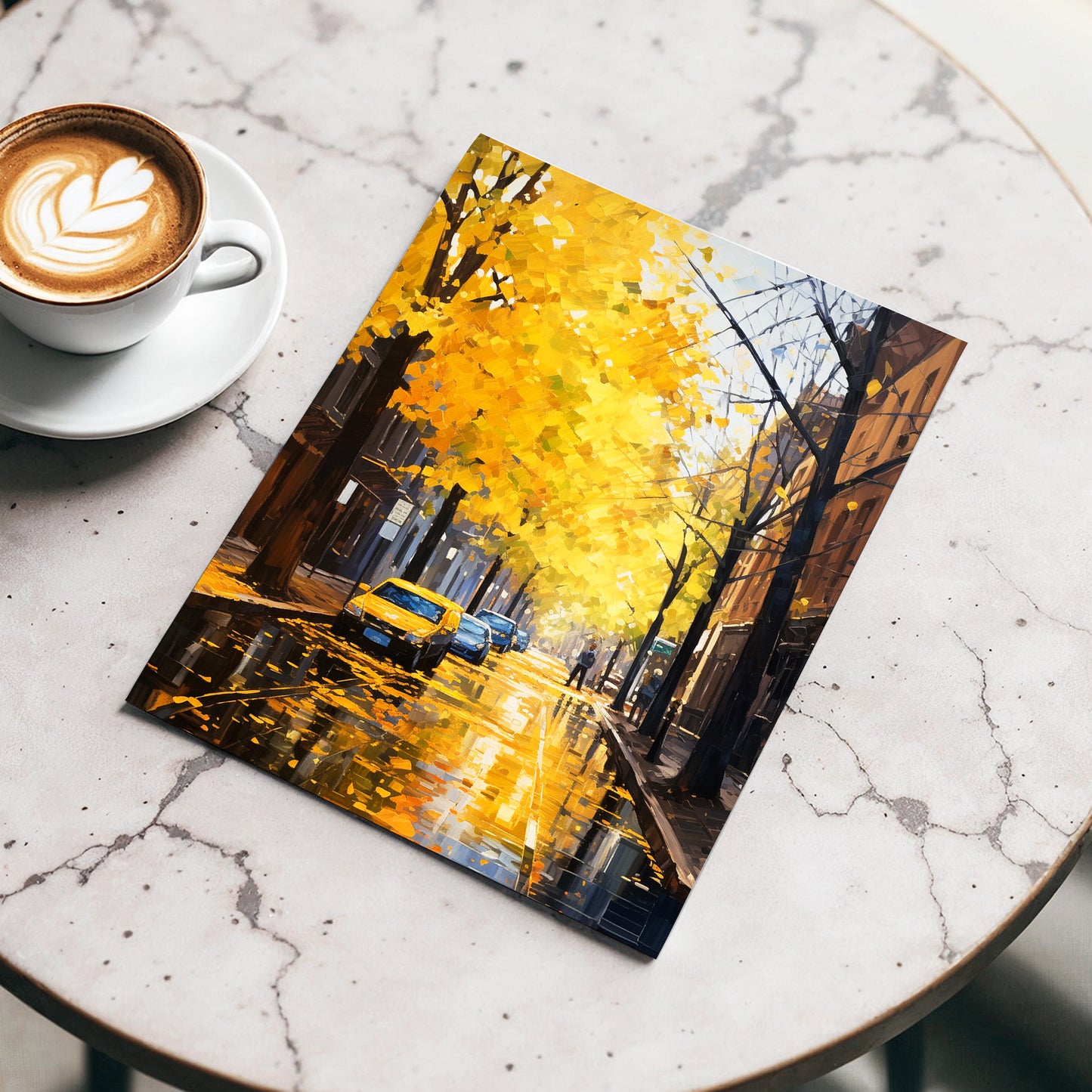 Golden Rain, Quiet Street, gold, black, brown nature wall art displayed in a styled interior, gallery view 3