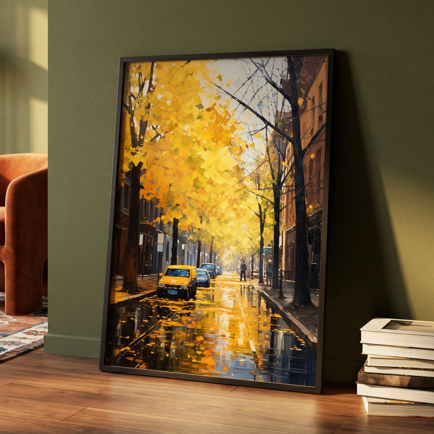 Golden Rain, Quiet Street, gold, black, brown nature wall art displayed in a styled interior, gallery view 4