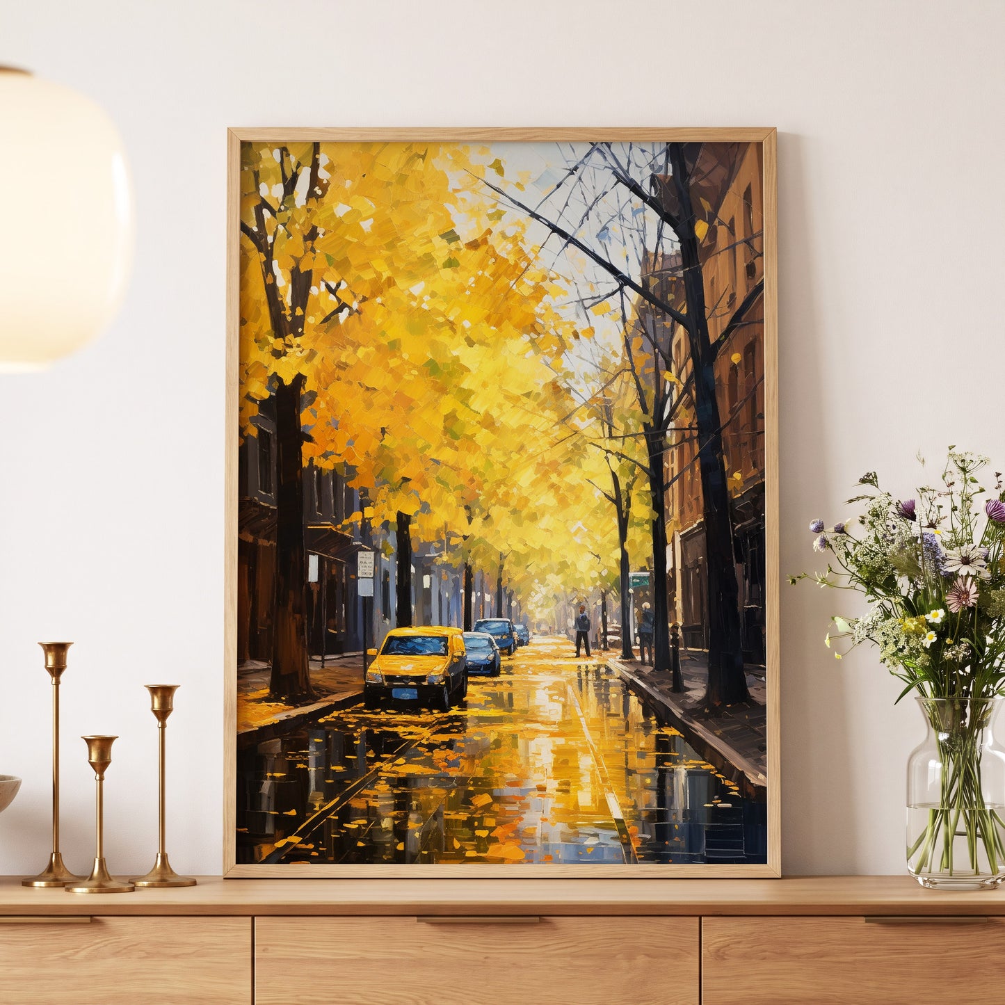 Golden Rain, Quiet Street, gold, black, brown nature wall art displayed in a styled interior, gallery view 5