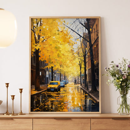 Golden Rain, Quiet Street, gold, black, brown nature wall art displayed in a styled interior, gallery view 5