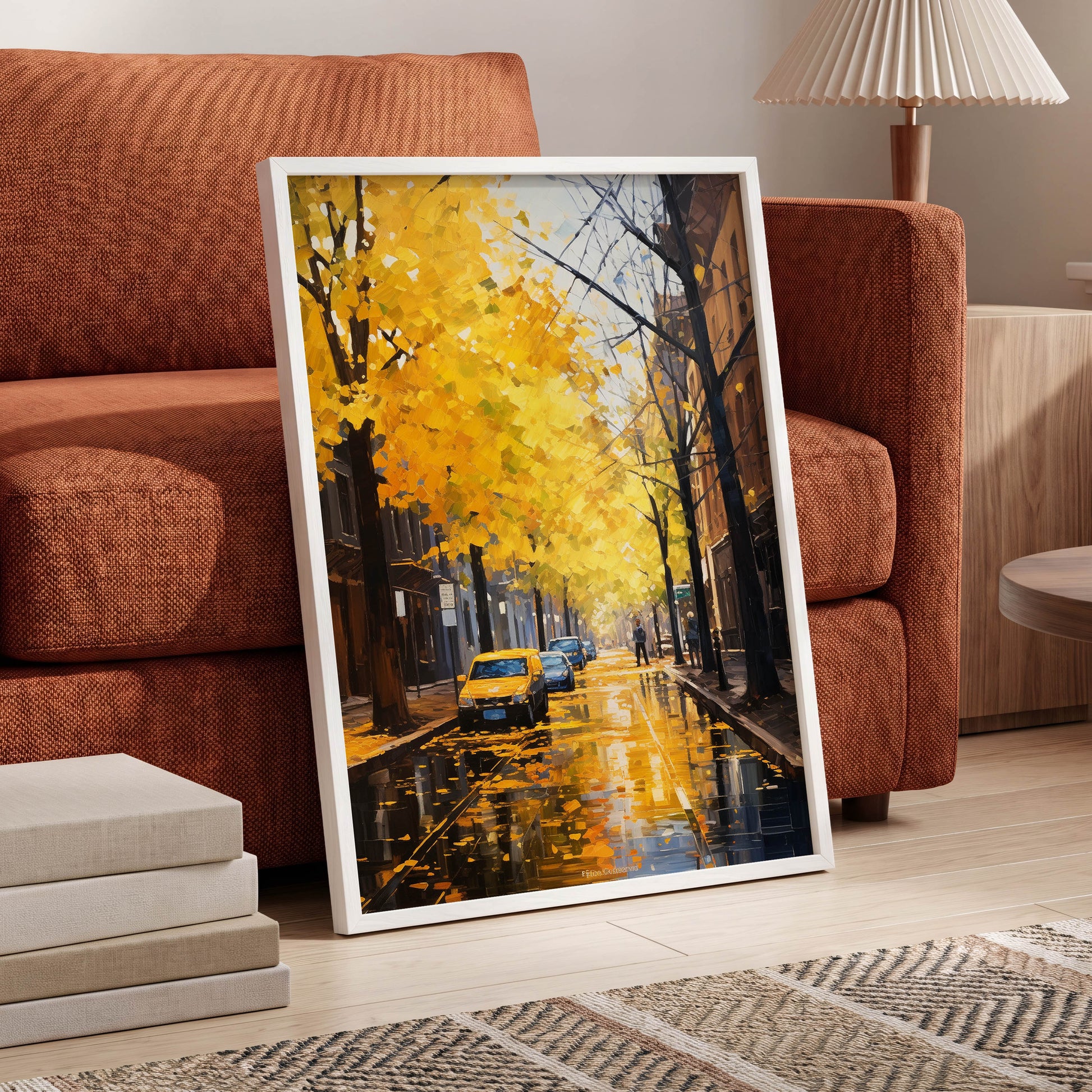Golden Rain, Quiet Street, gold, black, brown nature wall art displayed in a styled interior, gallery view 6