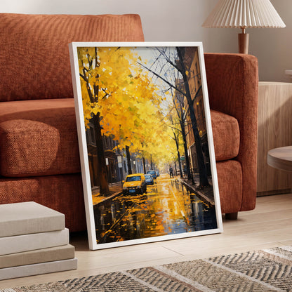 Golden Rain, Quiet Street, gold, black, brown nature wall art displayed in a styled interior, gallery view 6