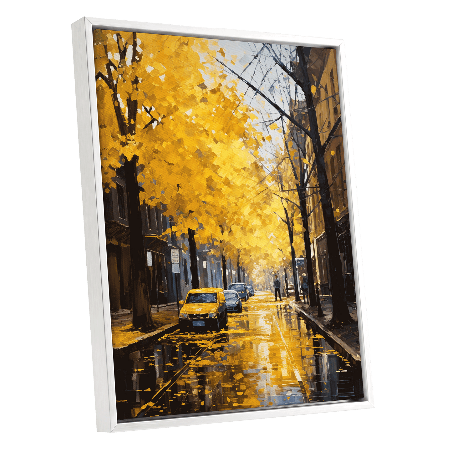 Golden Rain, Quiet Street, gold, black, brown nature wall art shown as a white framed canvas wall art