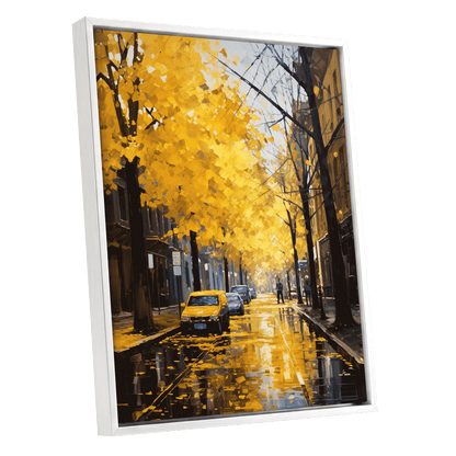 Golden Rain, Quiet Street, gold, black, brown nature wall art shown as a white framed canvas wall art