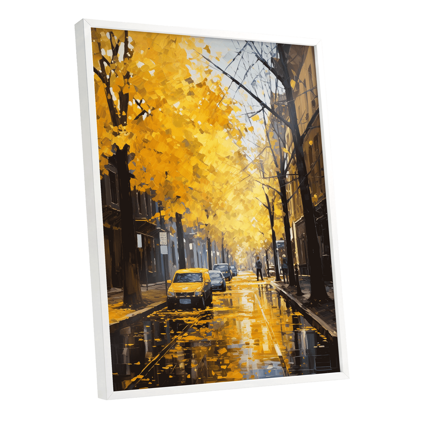 Golden Rain, Quiet Street, gold, black, brown nature wall art shown as a white framed poster wall art print