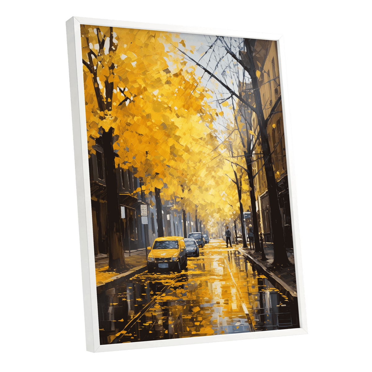 Golden Rain, Quiet Street, gold, black, brown nature wall art shown as a white framed poster wall art print