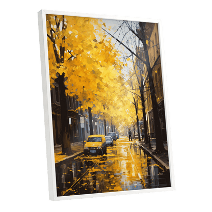 Golden Rain, Quiet Street, gold, black, brown nature wall art shown as a white framed poster wall art print