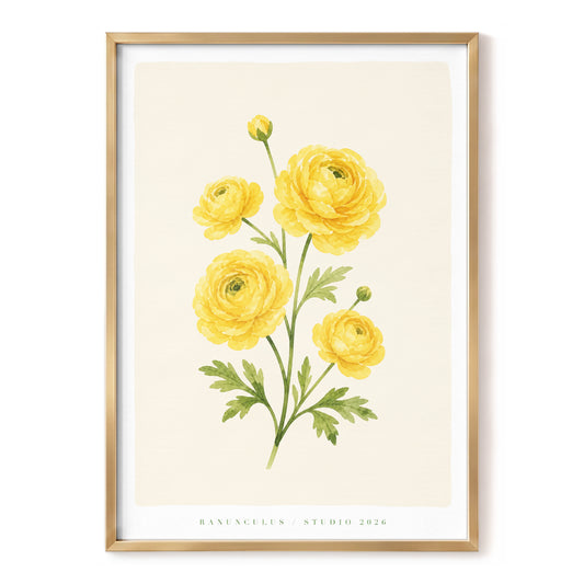 Golden Ranunculus Study, yellow, green, beige floral wall art, front artwork view