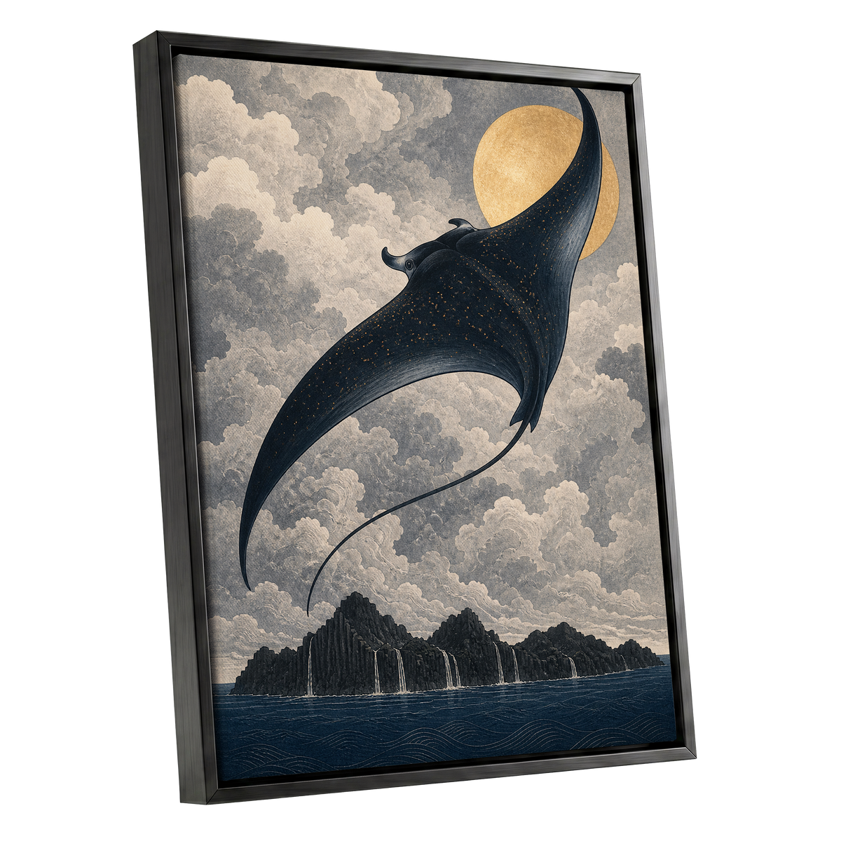 Golden Sky Manta, black, blue, beige nature wall art shown as a black framed canvas wall art