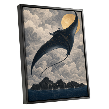 Golden Sky Manta, black, blue, beige nature wall art shown as a black framed canvas wall art