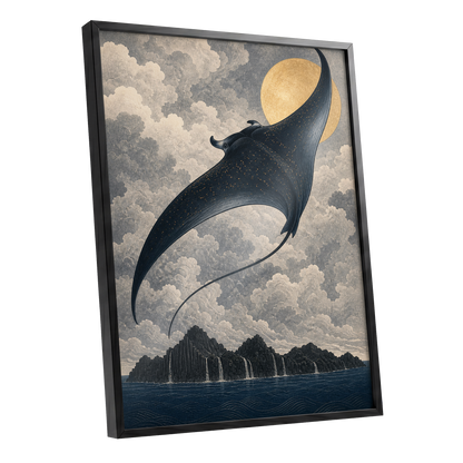 Golden Sky Manta, black, blue, beige nature wall art shown as a black framed poster wall art print