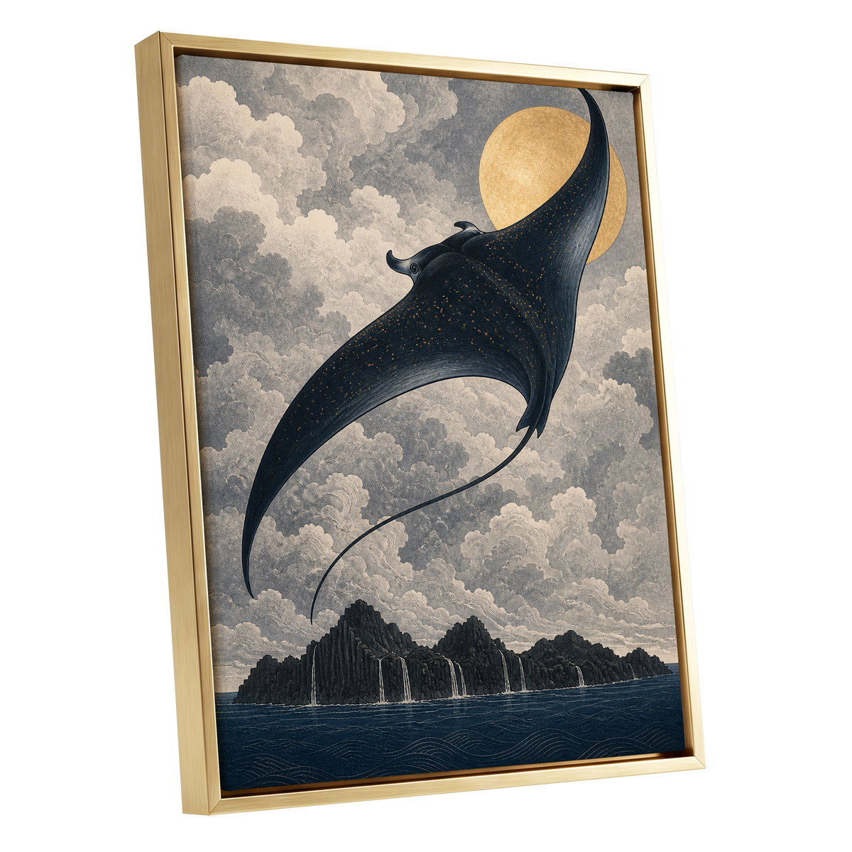 Golden Sky Manta, black, blue, beige nature wall art shown as a gold framed canvas wall art